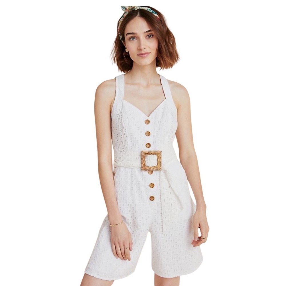 Anthropologie Belted Eyelet Romper White Ivory Cotton Button Front Size 2 NWT